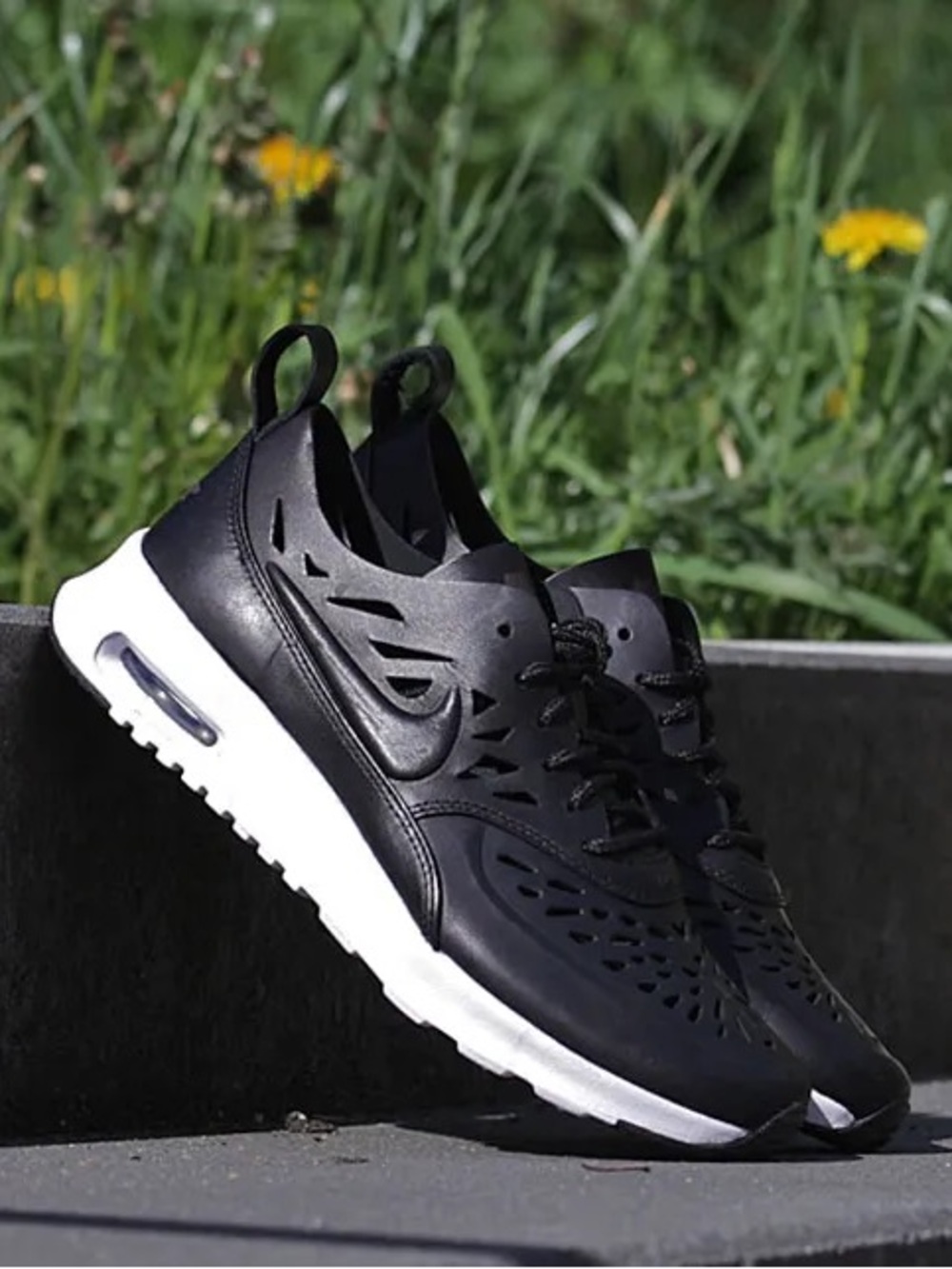 NIKE AIR MAX THEA JOLIE BLACK LASER CUTOUT LEATHER SNEAKER